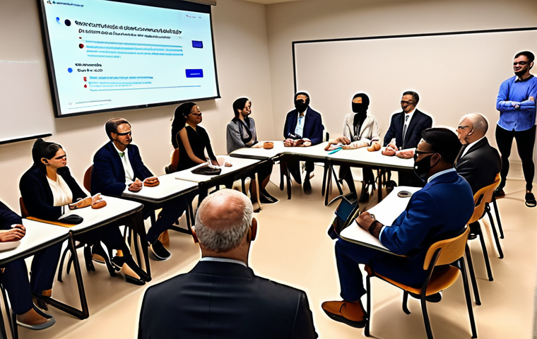 **
A diverse group of people actively participating in a DAO governance discussion, visualized as a modern digital town hall. Emphasis on transparency, accessibility, and community involvement. Consider incorporating blockchain elements subtly in the background. The style should be vibrant and hopeful, representing the future of decentralized governance.
**