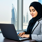 **

"A professional Arab businesswoman in a modern, modest business suit, working on a laptop in a bright, contemporary office in Dubai. The office has large windows overlooking the city skyline. Fully clothed, appropriate attire, safe for work, perfect anatomy, natural proportions, professional photography, high quality, family-friendly."

**