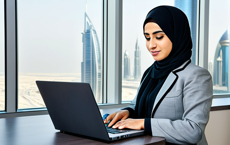 **
"A professional Arab businesswoman in a modern, modest business suit, working on a laptop in a bright, contemporary office in Dubai. The office has large windows overlooking the city skyline. Fully clothed, appropriate attire, safe for work, perfect anatomy, natural proportions, professional photography, high quality, family-friendly."
**